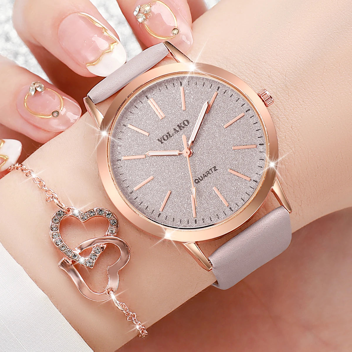 6pcs/set Women Leather Band Quartz Watch and Lover Heart Rose Gold Color Jewelry Set