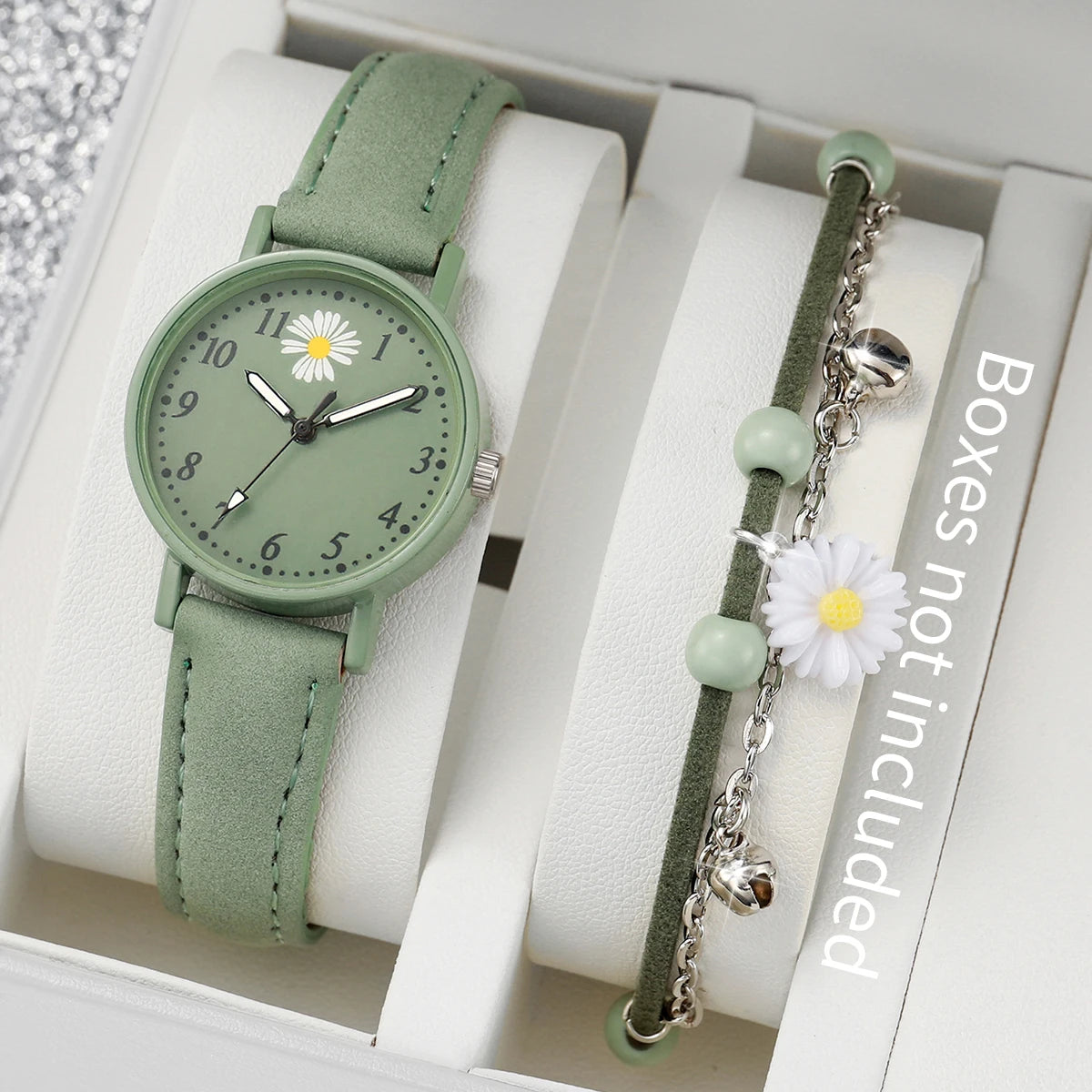 Women's Daisy Dial Leather Watch&Green Flower Bracelet