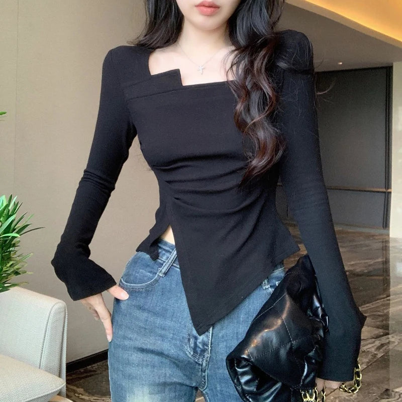 Slim Crop Top Korean Style Long Sleeve