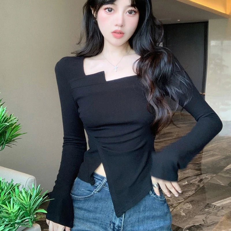 Slim Crop Top Korean Style Long Sleeve