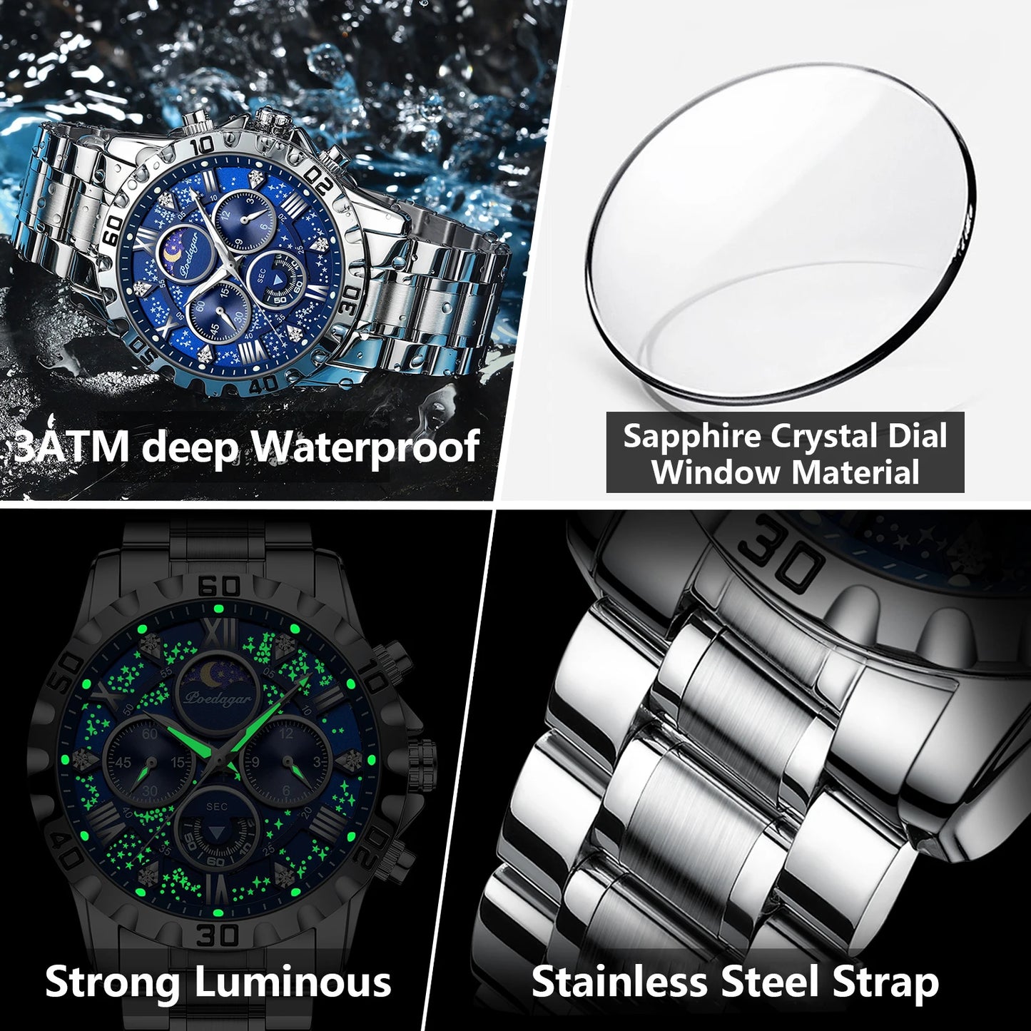 Luminous Stainless Steel Chronograph Men's Watches