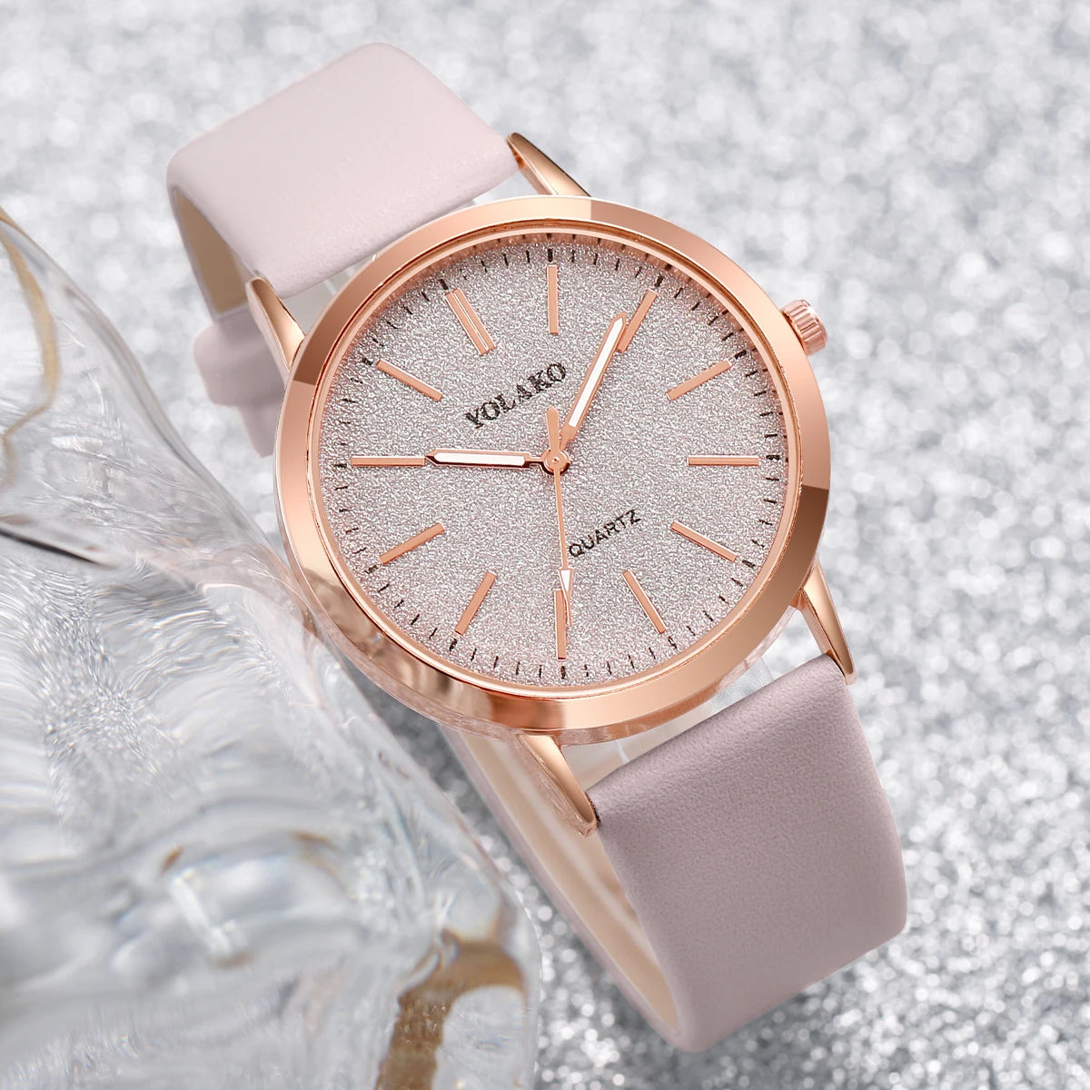 6pcs/set Women Leather Band Quartz Watch and Lover Heart Rose Gold Color Jewelry Set