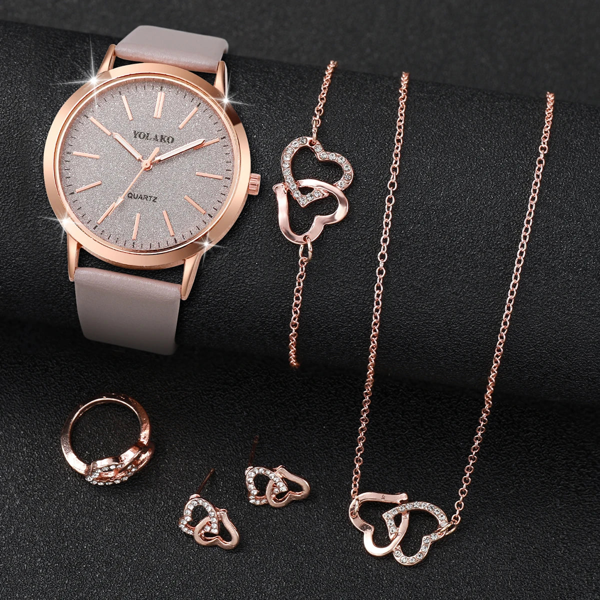 6pcs/set Women Leather Band Quartz Watch and Lover Heart Rose Gold Color Jewelry Set