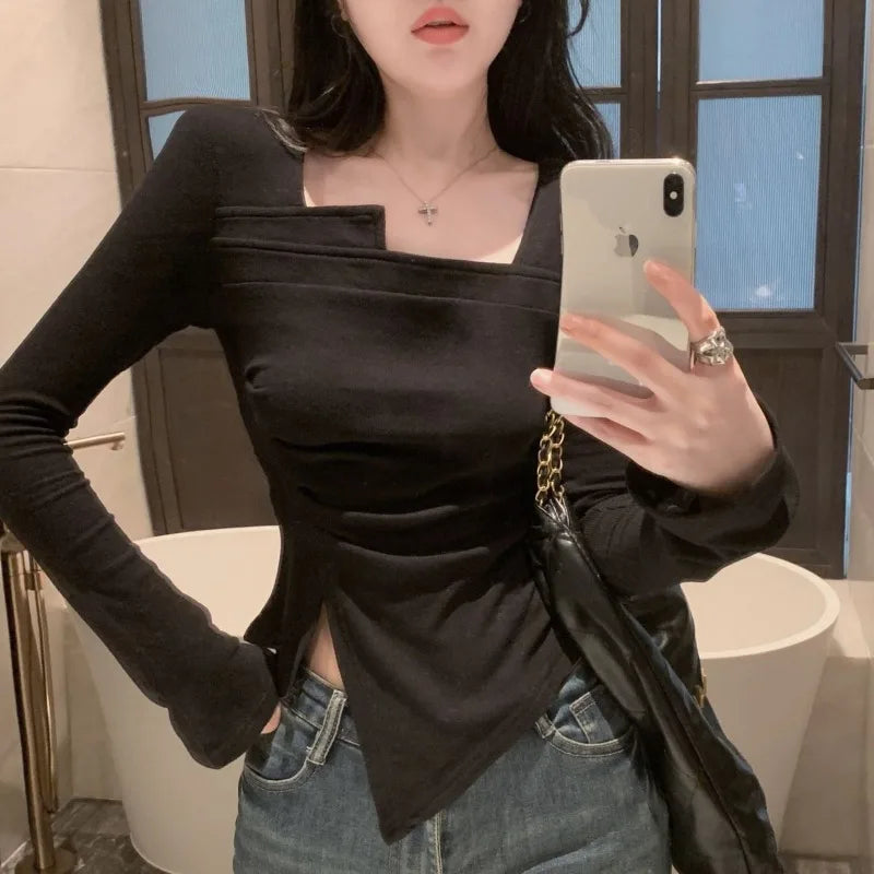 Slim Crop Top Korean Style Long Sleeve